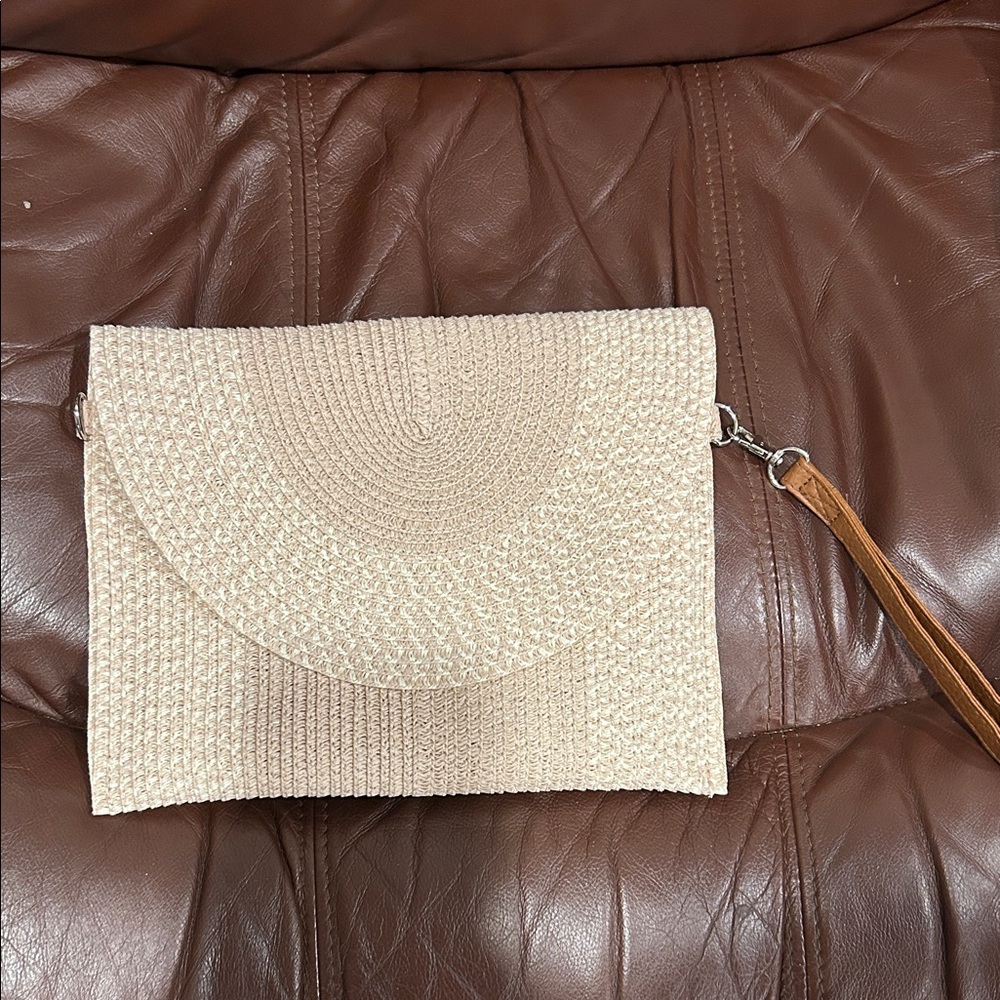 Woven Straw Clutch with Wrist Strap - Beige